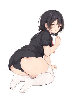 1girl ass black_hair black_panties black_serafuku black_skirt blush commentary_request curvy dated_commentary full_body highres kneeling looking_back open_mouth original panties school_uniform serafuku shinonon_(iso_shino) short_hair short_sleeves simple_background skirt solo thighhighs underwear white_background white_thighhighs yellow_eyes