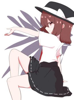 Rule 34 | 1girl, arm support, asymmetrical sidelocks, black hat, black skirt, bone vone, bow, brown hair, commentary request, feet out of frame, film grain, from side, hair bow, hat, hat bow, highres, looking at viewer, medium hair, necktie, outstretched arm, red eyes, red necktie, ribbon-trimmed skirt, ribbon trim, shirt, shirt tucked in, short sleeves, sidelocks, sitting, skirt, smile, solo, touhou, usami renko, white background, white shirt