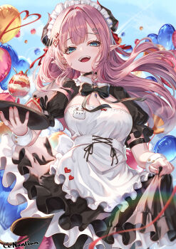 1girl :d absurdres apron artist_name balloon black_horns blue_eyes blush breasts cenangam commentary day dress food hair_ornament hairclip heart heart_balloon heart_hair_ornament highres holding horns large_breasts long_hair looking_at_viewer maid_headdress mole mole_under_eye open_mouth original outdoors pink_hair pointy_ears short_sleeves smile solo symbol-only_commentary teeth upper_teeth_only white_apron wrist_cuffs