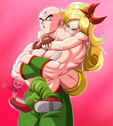 biting blush clinging dragon_ball dragonball_z highres lunch_(bad)_(dragon_ball) lunch_(dragon_ball) neck_biting sweatdrop tenshinhan