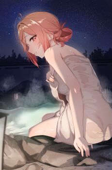 1girl absurdres ahoge ass hair_bun highres hololive hololive_dev_is ichijou_ririka inuinuo_gataken looking_at_viewer multicolored_hair naked_towel night onsen orange_eyes orange_hair outdoors pink_hair see-through_clothes sitting sky solo star_(sky) starry_sky steam towel wading