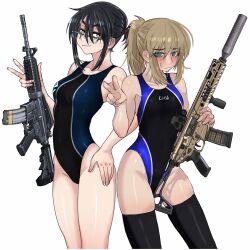 Rule 34 | 2girls, black hair, black one-piece swimsuit, black thighhighs, blue eyes, breasts, brown eyes, cb (c-board), clothes writing, competition swimsuit, glasses, gun, highres, holding, holding gun, holding weapon, long hair, medium breasts, multiple girls, one-piece swimsuit, original, ponytail, red eyes, rifle, short hair, simple background, small breasts, swimsuit, thighhighs, two-tone swimsuit, weapon, weapon request, white background