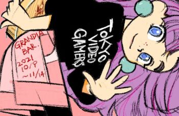 Rule 34 | 1girl, blue eyes, closed mouth, commentary request, earrings, freckles, grandia, grandia i, hontani toshiaki, jewelry, long hair, looking at viewer, purple hair, smile, solo, sue (grandia)