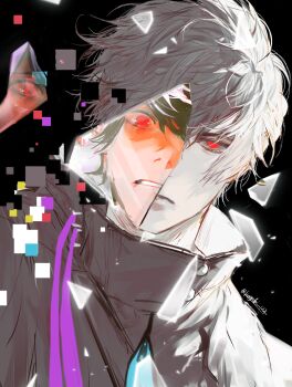 Rule 34 | 2boys, black background, black hair, broken glass, clenched teeth, commentary request, glass, glitch, grey hair, highres, houjou emu, izu (user tmtu7743), jacket, kamen rider, kamen rider ex-aid (series), limited palette, looking at another, looking at viewer, male focus, multiple boys, one eye covered, parad, purple straps, red eyes, short hair, sweatdrop, teeth, tokusatsu, upper body, white hair