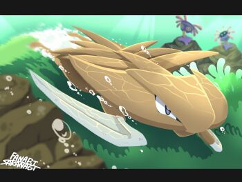 absurdres air_bubble bubble claws gen_1_pokemon gen_3_pokemon highres kabutops lileep nintendo no_humans plant pokemon pokemon_(creature) pokemon_focus purple_eyes rock sakanagi_(a_r_co) underwater water yellow_eyes