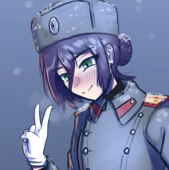 1girl black_coat blush chainsaw_man coat commentary english_commentary fluffkaiser fur_hat gloves hat highres long_sleeves military_uniform papakha portrait reze_(chainsaw_man) russian_flag russian_ground_forces shoulder_boards smile snow snowing soldier solo v white_gloves winter_clothes