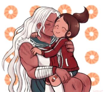 2girls asahina_aoi bandaged_arm bandages bandaid bandaid_on_leg blue_sailor_collar blue_skirt blush brown_hair closed_eyes closed_mouth collared_shirt commentary danganronpa:_trigger_happy_havoc danganronpa_(series) dark-skinned_female dark_skin donut donut_background eyelashes fingernails food hair_ornament hairclip highres hug jacket jackie_kawaii long_hair long_sleeves multiple_girls neckerchief ogami_sakura ponytail red_jacket red_neckerchief sailor_collar scar scar_on_arm scar_on_face school_uniform serafuku shirt sitting sitting_on_lap sitting_on_person skirt smile symbol-only_commentary torn_clothes torn_shirt very_long_hair white_background white_hair white_shirt yuri