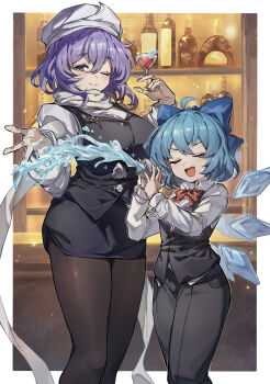 2girls absurdres accident alternate_costume bar_(place) black_pants black_pantyhose black_skirt black_vest blue_bow blue_hair bow breasts cirno closed_eyes cocktail_glass commentary_request cup drinking_glass hair_bow hat highres large_breasts letty_whiterock looking_at_viewer multiple_girls one_eye_closed pants pantyhose purple_hair red_bow scarf shaking shirt shishui_guima short_hair skirt smile touhou vest white_hat white_scarf white_shirt