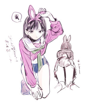 1girl animal_ear_hairband animal_ears ass black_eyes black_hair blue_panties commentary fake_animal_ears hairband highres kneeling leaning_forward medium_hair midriff moochi_zatsu multiple_views official_alternate_costume panties pink_shirt rabbit_ears rabbit_tail sailor_collar shimizu_hinako shimizu_hinako_(pink_rabbit_costume) shirt silent_hill_(series) silent_hill_f sketch solo spoken_squiggle squiggle symbol-only_commentary tail underwear upskirt white_sailor_collar