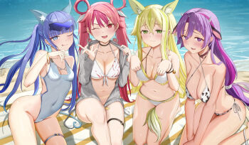 4girls alternate_costume alternate_hairstyle animal_ear_fluff animal_ears animal_print bangle bare_shoulders beach bell bikini blonde_hair blue_eyes blue_hair blunt_bangs blush bracelet breasts cat_ears cat_girl choker cleavage cleavage_cutout closed_mouth clothing_cutout collarbone covered_navel cow_ears cow_horns cow_print cow_print_bikini duel_monster eyewear_on_head feet_out_of_frame fox_ears fox_girl green_eyes grey_jacket ha-re_the_sword_mikanko hair_between_eyes halterneck hands_on_own_knees heads_together highres horns hu-li_the_jewel_mikanko jacket jewelry kneeling long_hair looking_at_viewer low-tied_long_hair mailixiang medium_breasts multiple_girls navel ni-ni_the_mirror_mikanko one-piece_swimsuit one_eye_closed open_mouth paw_pose ponytail print_bikini purple_eyes purple_hair red_eyes red_hair sanaki_the_mikanko_devotee sand seiza side-tie_bikini_bottom sidelocks sitting smile stomach sunglasses_on_head swimsuit thigh_strap tongue tongue_out twintails very_long_hair wariza white_bikini white_one-piece_swimsuit wrist_bell yu-gi-oh!