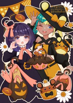 2girls :o ;d absurdres alternate_costume belt black_belt black_hair blue_eyes blush bow canari_(pokemon) chaton_(chatoncerisier) commentary_request dedenne dress gen_6_pokemon gourgeist gwynn_(pokemon) halloween_bucket hand_up hat highres holding long_hair long_sleeves multicolored_hair multiple_girls nintendo one_eye_closed open_mouth orange_bow pokemon pokemon_(creature) pokemon_legends:_z-a signature smile teeth upper_teeth_only watermark witch_hat