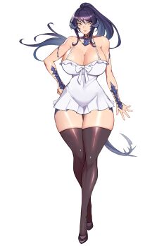 1girl absurdres au_ra black_hair black_shoes black_thighhighs blush breasts brown_eyes cleavage closed_mouth commission dragon_horns dragon_tail dress eyebrows_hidden_by_hair final_fantasy final_fantasy_xiv full_body gurimjang hand_on_own_hip highres horns large_breasts large_variant_set lipstick long_hair looking_at_viewer makeup pixiv_commission ponytail sapphira_nyx scales shoes simple_background solo tail thick_thighs thighhighs thighs variant_set warrior_of_light_(ff14) white_background white_dress