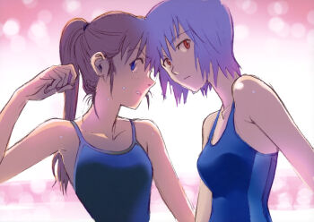 Rule 34 | 00s, 2girls, absurdres, alternate hairstyle, ayanami rei, bare shoulders, blush, brown hair, evangelion: 2.0 you can (not) advance, female focus, highres, long hair, multiple girls, neon genesis evangelion, official art, one-piece swimsuit, ponytail, purple hair, rebuild of evangelion, souryuu asuka langley, sweat, swimsuit, tsurumaki kazuya