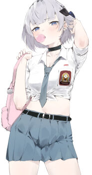 Rule 34 | 1girl, absurdres, alternate costume, alternate hairstyle, backpack, bag, belt, belt buckle, black belt, black choker, black ribbon, blowing bubble gum, blue necktie, blue skirt, breasts, bubble, buckle, chewing gum, choker, cleavage, collared shirt, ear piercing, grey eyes, grey hair, hair ribbon, hand in own hair, highres, holding, holding bag, hololive, hololive indonesia, long sleeves, looking at viewer, medium breasts, medium hair, navel, necktie, piercing, pink bag, pleated skirt, ribbon, school uniform, shirt, skirt, sleeves rolled up, solo, standing, theflatfacadeds, tied shirt, vestia zeta, virtual youtuber, white shirt