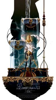 Rule 34 | 1other, arthropod limbs, artist name, black skin, cloak, colored skin, dual wielding, english text, facing viewer, full body, highres, holding, holding weapon, hollow knight, hollow knight: silksong, katatsumuririri, robot, second sentinel (hollow knight), sparkle, sword, water, weapon, white cloak, white eyes