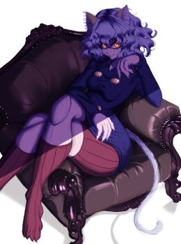 1girl :3 absurdres animal_ears arm_support art_veel blue_shirt breasts cat_ears cat_girl cat_tail chair chimera_ant closed_mouth commentary covered_erect_nipples crossed_legs english_commentary fang fang_out feet fewer_digits fingernails grey_hair highres hunter_x_hunter joints kneehighs long_sleeves looking_at_viewer medium_breasts neferpitou no_shoes orange_eyes pale_skin ribbed_shorts ribbed_socks shaded_face shadow sharp_fingernails shirt short_hair shorts simple_background sitting slit_pupils smile socks solo tail wavy_hair white_background white_hair wide_hips