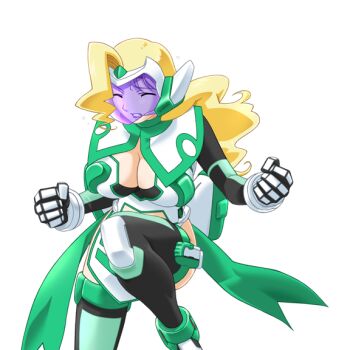 Rule 34 | 1girl, armor, blonde hair, boots, breasts, cleavage, clenched hands, closed eyes, clothing cutout, face shield, game cg, gan-chan (artist), helmet, hitozuma sentai aisaiger, large breasts, large variant set, long hair, magical girl, mecha musume, non-web source, official art, saiger lily, solo, sophie andrea yukitou, thighhighs, transparent background, variant set