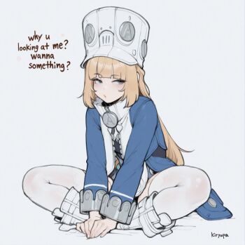 Rule 34 | 1girl, blonde hair, blue eyes, blue jacket, blush, closed mouth, english text, gloves, grey hat, hat, highres, jacket, justkiryupa, large hat, long hair, norma (zenless zone zero), shako cap, signature, simple background, solo, thighhighs, white background, white thighhighs, zenless zone zero