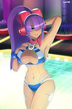 1girl absurdres android arm_behind_back armpits bandana bandana_around_neck bikini blue_bikini breasts cleavage commentary cowboy_shot english_commentary green_eyes high_ponytail highres large_breasts layer_(mega_man) long_hair mega_man_(series) mega_man_x_(series) mega_man_x_dive navel official_alternate_costume ponytail pool purple_hair red_bandana rob_(robarts) robot_girl solo swimsuit