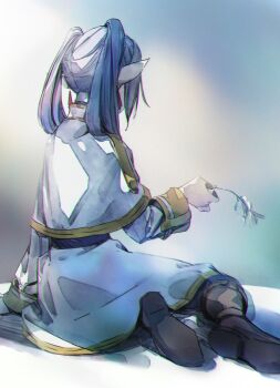 1girl absurdres belt black_belt boots brown_boots capelet earrings elf facing_away flower frieren from_behind full_body gold_trim grey_hair hair_over_shoulder highres holding holding_flower jacket jewelry kaneda_(umeanzberry) long_hair pointy_ears sitting skirt solo sousou_no_frieren twintails white_capelet white_jacket white_skirt wilted_flower