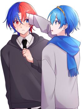 Rule 34 | 2girls, 9am 104, blue eyes, blue hair, commentary request, crossed bangs, fire emblem, fire emblem engage, hair between eyes, heterochromia, highres, male alear (fire emblem), male focus, marth (fire emblem), multicolored hair, multiple girls, nintendo, red eyes, red hair, split-color hair, two-tone hair