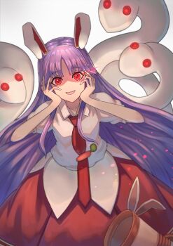 Rule 34 | :3, :d, absurdly long hair, akainoda, animal ears, carrot pin, commentary request, hands on own cheeks, hands on own face, highres, kune-kune, long hair, looking at viewer, lunatic gun, necktie, open mouth, pink skirt, puffy short sleeves, puffy sleeves, purple hair, rabbit ears, rabbit girl, red eyes, red necktie, reisen udongein inaba, shiny eyes, shirt, short sleeves, simple background, skirt, smile, touhou, untucked shirt, urban legend in limbo, very long hair, white background, white shirt