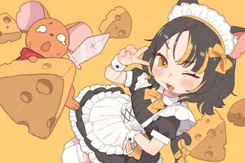 1girl ;d absurdres animal_ears apron black_dress black_hair blonde_hair bow bowtie cat_ears cat_girl cat_tail cheese commentary dress english_commentary fang food frilled_dress frills hair_bow highres looking_at_viewer maid maid_apron maid_headdress mouse_(animal) multicolored_hair one_eye_closed open_mouth original possummachine puffy_short_sleeves puffy_sleeves short_hair short_sleeves simple_background smile tail tail_bow tail_ornament thighhighs two-tone_hair v waist_apron white_thighhighs white_wrist_cuffs wrist_cuffs yellow_background yellow_bow yellow_bowtie yellow_eyes