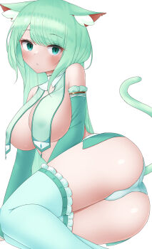 1girl absurdres animal_ear_fluff animal_ears aqua_eyes asigaru3000 ass blush breasts cat_ears cat_girl cat_tail commentary_request covered_erect_nipples green_hair green_tail green_thighhighs highres large_breasts original panties simple_background solo tail thighhighs underwear white_background