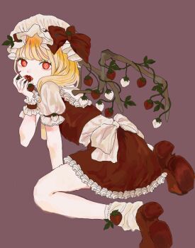 Rule 34 | 1girl, alternate wings, back bow, back slit, blonde hair, bow, dress, eating, flandre scarlet, food, food on face, footwear ornament, frilled dress, frills, fruit, hand on floor, hat, hat ribbon, highres, holding, holding food, holding fruit, leaf, mob cap, open mouth, puffy short sleeves, puffy sleeves, red eyes, red ribbon, ribbon, shiwaiji, short hair, short sleeves, side ponytail, simple background, sitting, socks, solo, strawberry, strawberry ornament, touhou, wariza, white bow, white strawberry, wings, wrist cuffs