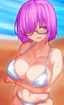 Rule 34 | 1girl, absurdres, beach, bikini, blush, bob cut, breasts, commentary request, embarrassed, fate/grand order, fate (series), glasses, highres, kinginboueki, large breasts, looking to the side, mash kyrielight, nervous, nervous sweating, ocean, pink hair, short hair, solo, solo focus, sweat, sweatdrop, swimsuit, white bikini