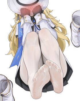 Rule 34 | 1girl, absurdres, black gloves, black ribbon, blonde hair, blush, blush visible through clothes, blush visible through hands, boots, convenient leg, covering face, embarrassed, feet, foot focus, from above, full body, gloves, gold trim, hat, highres, knees up, legs, long hair, lying, no shoes, on back, pantyhose, phoebe (wuthering waves), pleated skirt, ribbon, sa-baaa, simple background, skirt, soles, solo, toe seam, toes, unworn boots, very long hair, white background, white boots, white hat, white pantyhose, wuthering waves