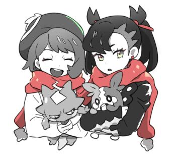 2girls bad_id bad_twitter_id closed_eyes dede_(qwea_00000) gen_8_pokemon gloria_(pokemon) hat holding holding_pokemon looking_to_the_side marnie_(pokemon) morpeko morpeko_(full) multiple_girls nintendo open_mouth pokemon pokemon_(creature) pokemon_swsh scarf simple_background smile spot_color tam_o&#039;_shanter tongue tongue_out toxel twintails upper_body white_background