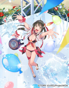 1girl ahoge bikini black_bikini breasts brown_hair brown_sandals cleavage colored_inner_hair copyright_notice cropped_jacket highres jacket looking_at_viewer medium_breasts multicolored_hair official_art open_mouth outdoors outstretched_arms red_hair red_scrunchie sandals scrunchie see-through_clothes see-through_jacket smile solo swimsuit teeth thigh_strap upper_teeth_only white_jacket wixoss yellow_eyes yuko_(uc_yuk) yuzuki_(wixoss)