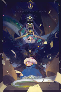 1girl artist_name bald beard bird blue_dress candle closed_mouth commentary copyright_name dress extra_arms facial_hair gokupo101 hair_bun highres kamajii kashira_(sen_to_chihiro_no_kamikakushi) mustache old old_woman sen_to_chihiro_no_kamikakushi sunglasses yubaba