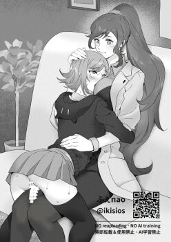 1futa 1girl ass bar_censor between_breasts blush breasts censored commission couch danganronpa_(series) danganronpa_2:_goodbye_despair danganronpa_3_(anime) english_text futa_with_female futanari greyscale hood hooded_jacket hug jacket lab_coat large_breasts long_sleeves medium_penis miniskirt monochrome nanami_chiaki pantyhose penis pixiv_commission plant pleated_skirt ponytail potted_plant qr_code skirt smile sunao_(souis) sweat yukizome_chisa