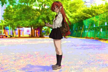 1girl bag black_hairband black_skirt black_socks brown_shoes eris_greyrat full_body hair_between_eyes hairband holding holding_phone kneehighs long_hair looking_at_viewer mushoku_tensei nyus0721 outdoors phone red_eyes red_hair shirt shoes skirt socks standing white_shirt