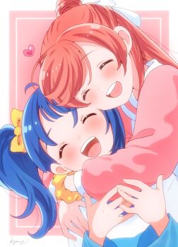 Rule 34 | 2girls, artist name, blue hair, blue shirt, border, bow, casual, closed eyes, commentary, dress, hair bow, hair bun, hair ribbon, happy, heart, hirogaru sky! precure, hug, hug from behind, kyanos (b 0000ff), long hair, long sleeves, medium hair, multiple girls, nijigaoka mashiro, open mouth, pink background, pink dress, pink hair, precure, ribbon, scrunchie, shirt, side ponytail, signature, single hair bun, smile, sora harewataru, two-tone dress, two-tone shirt, white border, white dress, white ribbon, white shirt, wrist scrunchie, yellow bow, yellow scrunchie