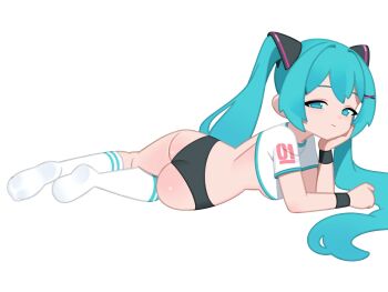 Rule 34 | 1girl, aqua eyes, aqua hair, ass, black shorts, body blush, breasts, clenched hand, closed mouth, commentary request, cropped shirt, hair ornament, hairpin, half-closed eyes, hand on own cheek, hand on own face, hatsune miku, head rest, highres, kneehighs, korean commentary, light smile, looking at viewer, lying, median furrow, medium breasts, micro shorts, monster l (hochihochiha), on side, on stomach, shirt, shorts, sidelocks, simple background, socks, solo, twintails, underboob, vocaloid, white background, white shirt, white socks, wristband