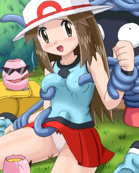 00s 1girl breasts brown_eyes brown_hair cigar covered_erect_nipples egg exeggcute gen_1_pokemon hat kamina_shades leaf_(pokemon) lowres nintendo panties pantyshot pokemoa pokemon pokemon_(creature) pokemon_frlg skirt small_breasts smoking sunglasses tangela tentacles triangular_eyewear underwear upskirt