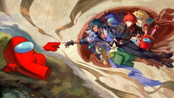 1other 2boys among_us black_(among_us) black_gloves black_jacket blue_(among_us) blue_hair commentary cosplay crewmate_(among_us) dark-skinned_male dark_skin diluc_(genshin_impact) english_commentary fine_art_parody full_body genshin_impact gloves green_(among_us) halo highres jacket kaeya_(genshin_impact) long_hair looking_at_another lying male_focus multiple_boys on_side outstretched_arms paimon_(genshin_impact) paimon_(genshin_impact)_(cosplay) parody parted_lips ponytail red_(among_us) red_eyes red_hair srro_yo the_creation_of_adam