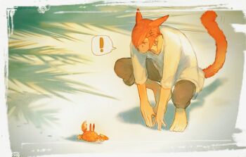 ! 1boy animal animal_ears beach black_pants cat_boy cat_ears cat_tail closed_mouth collarbone commentary_request crab crew_neck final_fantasy final_fantasy_xiv g&#039;raha_tia grbraku highres looking_at_animal male_focus neck_tattoo one_eye_covered outdoors pants red_eyes shirt solo speech_bubble spoken_exclamation_mark squatting tail tattoo white_shirt