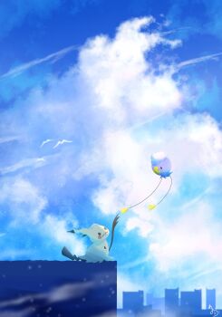 balloon blue_sky cloud commentary_request drifloon gen_4_pokemon gen_7_pokemon highres looking_at_another mimikyu natu_a0z0ra nintendo no_humans outdoors outstretched_arm pokemon pokemon_(creature) pokemon_focus sky