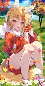1girl animal_ear_fluff animal_ears bare_legs blonde_hair blue_sky blush breasts brown_hair cloud fang fingerless_gloves fire_emblem fire_emblem_fates flower fox_ears fox_girl fox_tail fur-trimmed_jacket fur-trimmed_kimono fur_trim fuussu_(21-kazin) gloves grass hair_ornament jacket japanese_clothes kimono kitsune long_sleeves looking_at_viewer multicolored_hair nintendo open_mouth outdoors selkie_(fire_emblem) short_hair sitting sky smile solo streaked_hair tail thighs tree two-tone_hair water white_gloves yellow_eyes