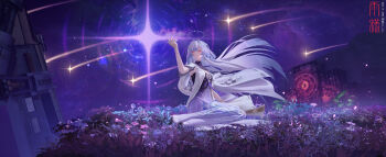 1girl absurdres breasts chinese_commentary commentary_request dress floating_hair grey_hair halo hand_up highres jacket long_hair mornye_(wuthering_waves) night outdoors purple_dress purple_sky rain_sama red_eyes see-through_body shooting_star sky small_breasts solo star_(sky) starry_sky turning_head white_jacket wide_shot wuthering_waves