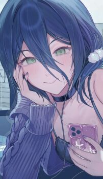 1girl ascii_art_commentary black_choker black_hair black_nightgown breasts cardigan cellphone chainsaw_man choker closed_mouth commentary earphones fingernails green_eyes hair_between_eyes hair_ornament hand_on_own_face highres holding holding_phone lace_trim light_blush long_sleeves looking_at_viewer meme nail_polish nightgown phone pom_pom_(clothes) pom_pom_hair_ornament purple_cardigan purple_nails reze_(chainsaw_man) shuilantao sleeves_past_wrists small_breasts smartphone smile solo symbol-only_commentary twitter_rabbit_ears_(meme)