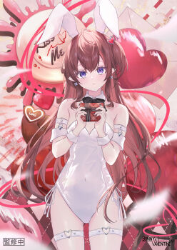 1girl animal_ears balloon bare_shoulders black_bow black_bowtie black_nails bow bowtie breasts brown_hair collar commentary_request cowboy_shot detached_collar earrings fake_animal_ears gift hair_ornament heart heart_balloon heart_hair_ornament heart_o-ring highres holding holding_gift indie_virtual_youtuber jewelry leotard long_hair looking_at_viewer medium_breasts nagisa_(vtuber) o-ring o-ring_thigh_strap omeletmaki playboy_bunny pointy_ears purple_eyes rabbit_ears side_ponytail solo thigh_strap virtual_youtuber white_collar white_leotard