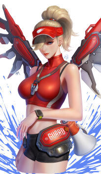 Rule 34 | 1girl, absurdres, black shorts, blonde hair, blue eyes, closed mouth, earrings, english text, eruthu, hat, high ponytail, highres, jewelry, lifeguard, lifeguard mercy, lipstick, makeup, mercy (overwatch), midriff, official alternate costume, overwatch, overwatch 2, ponytail, red hat, red wings, short shorts, shorts, simple background, solo, standing, upper body, watch, water, whistle, whistle around neck, white background, wings, wristwatch