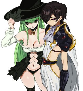 1boy 1girl absurdres alternate_costume breasts brown_hair c.c. clothing_cutout code_geass green_hair halloween_costume highres hip_vent large_breasts lelouch_vi_britannia midriff midriff_peek purple_eyes thick_thighs thighs whoopsatro yellow_eyes