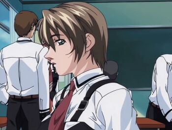 00s 2002 2girls 3boys animated animated_gif bible_black bible_black_gaiden black_board breasts brown_hair classroom desk green_eyes large_breasts multiple_boys multiple_girls necktie school school_desk school_uniform shido_saki shirt short_hair suspenders tagme white_shirt