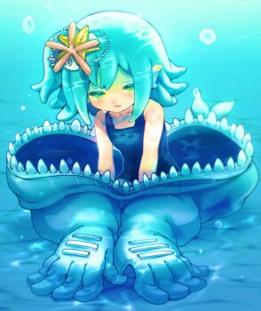 1girl air_bubble bangohan_tsubuyakitarou blue_hair blue_one-piece_swimsuit blue_theme bubble crying exorcist_wo_otosenai green_eyes hair_ornament leviathan_(exorcist_wo_otosenai) looking_at_viewer medium_hair one-piece_swimsuit one_side_up open_mouth pearl_hair_ornament shell shell_hair_ornament solo starfish_hair_ornament swimsuit underwater